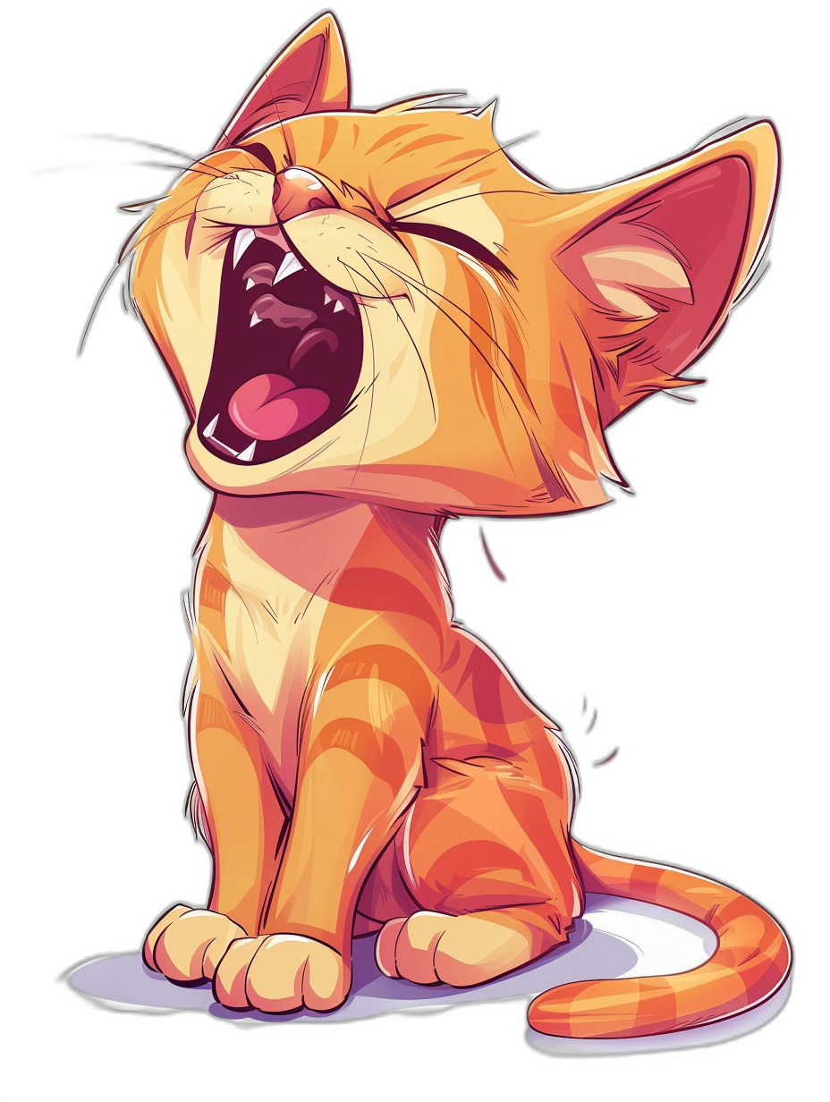 A cute happy orange cat laughing with its mouth open, vector illustration in the style of anime, black background