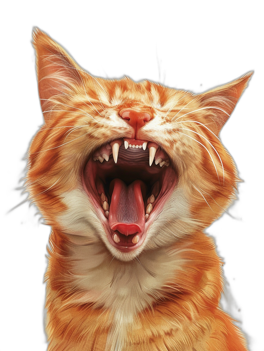 A hyper-realistic digital painting of an orange cat laughing, its mouth wide open and showing sharp teeth, against black background, high resolution, in style photo realism, bright vivid colors, portrait, close-up