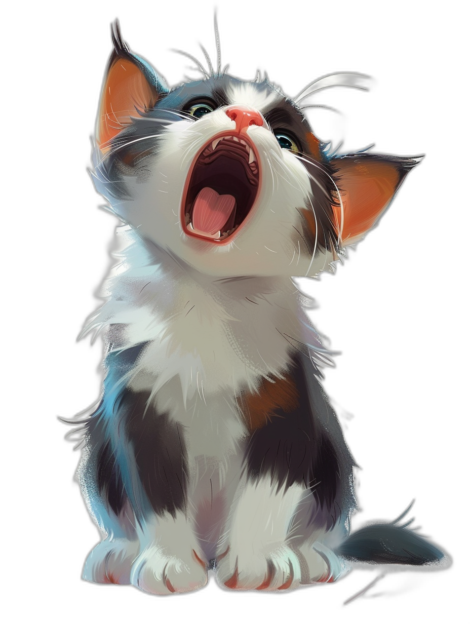 A cute little kitten, open mouth meowing, black background, anime style, digital art in the style of [Atey Ghailan](https://goo.gl/search?artist%20Atey%20Ghailan) and in the style of J Scott Campbell and in the style of [Ashley Wood](https://goo.gl/search?artist%20Ashley%20Wood)