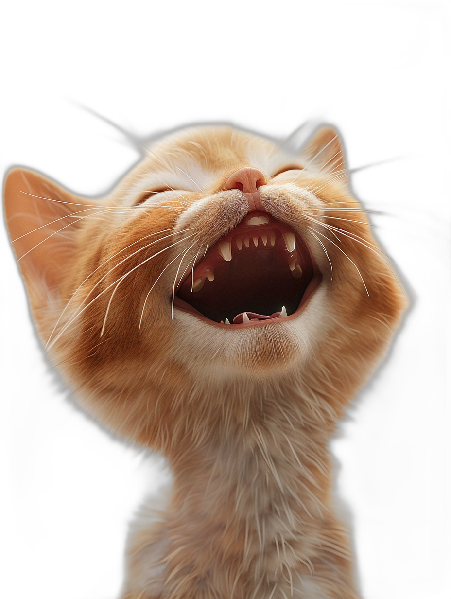 A cute orange cat laughing with its mouth open, showing sharp teeth against a black background in the style of hyper realistic photography.