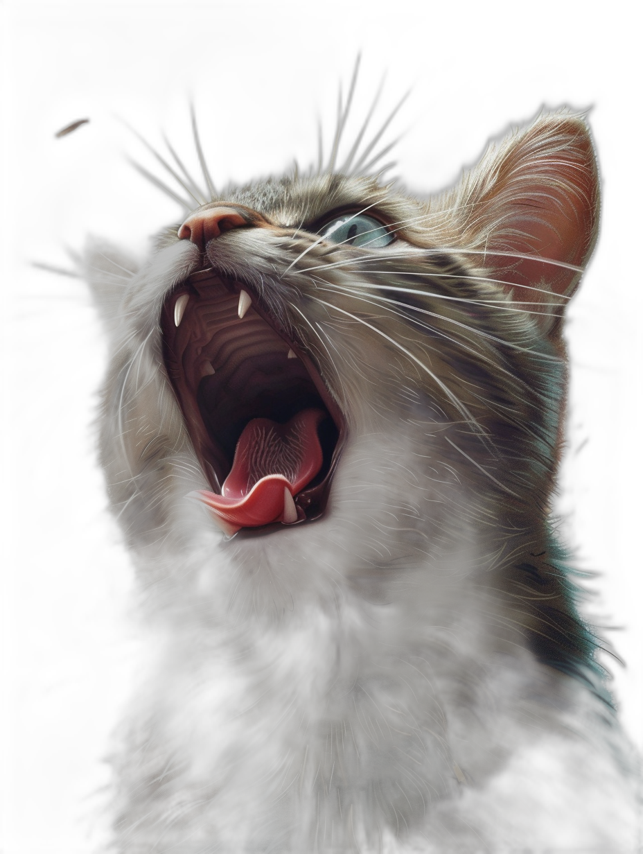 A photorealistic digital painting of an open mouthed cat howling on a black background in the style of fantasy art. Soft light and a hyper realistic, cinematic style.