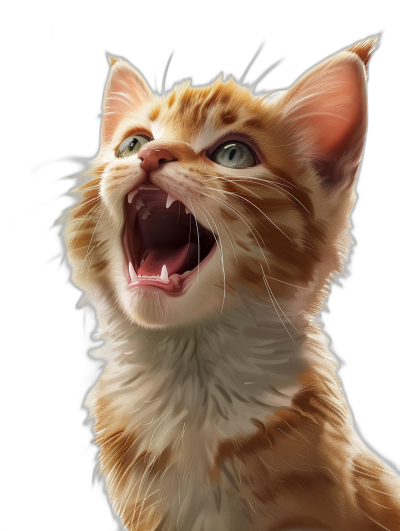 realistic digital illustration of an adorable smiling ginger cat meowing, isolated on black background, by Daniel Gerhartz and [Artgerm](https://goo.gl/search?artist%20Artgerm), sharp focus, dynamic lighting, detailed shadows, low contrast, intricate details