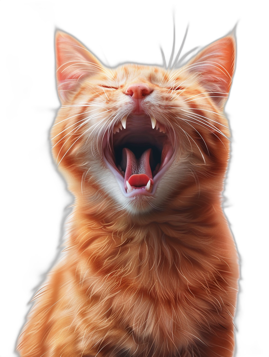 A hyperrealistic digital illustration of an orange cat smiling and laughing with its mouth open against a black background, with high resolution and detailed artwork in the style of a photograph.