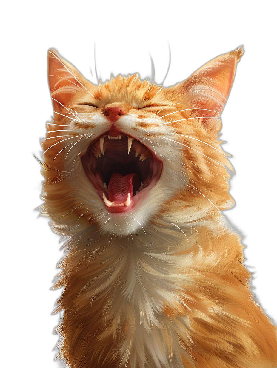 ginger cat laughing with teeth showing, realistic illustration in the style of [Artgerm](https://goo.gl/search?artist%20Artgerm) and in the style of [Greg Rutkowski](https://goo.gl/search?artist%20Greg%20Rutkowski) on black background