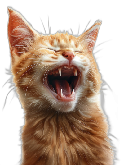 realistic happy ginger cat, open mouth with sharp teeth, hyper realistic, black background, digital art