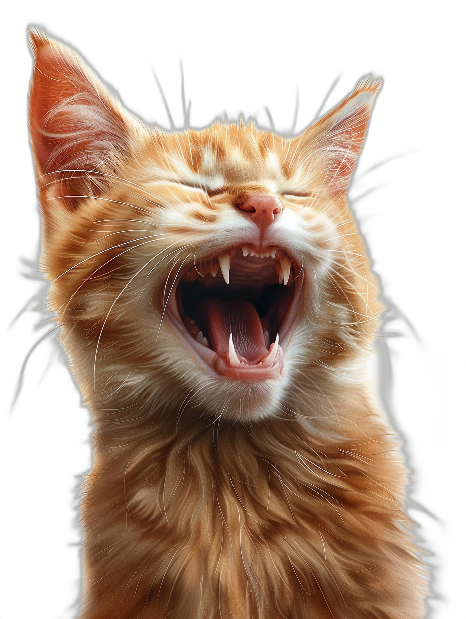 realistic happy ginger cat, open mouth with sharp teeth, hyper realistic, black background, digital art