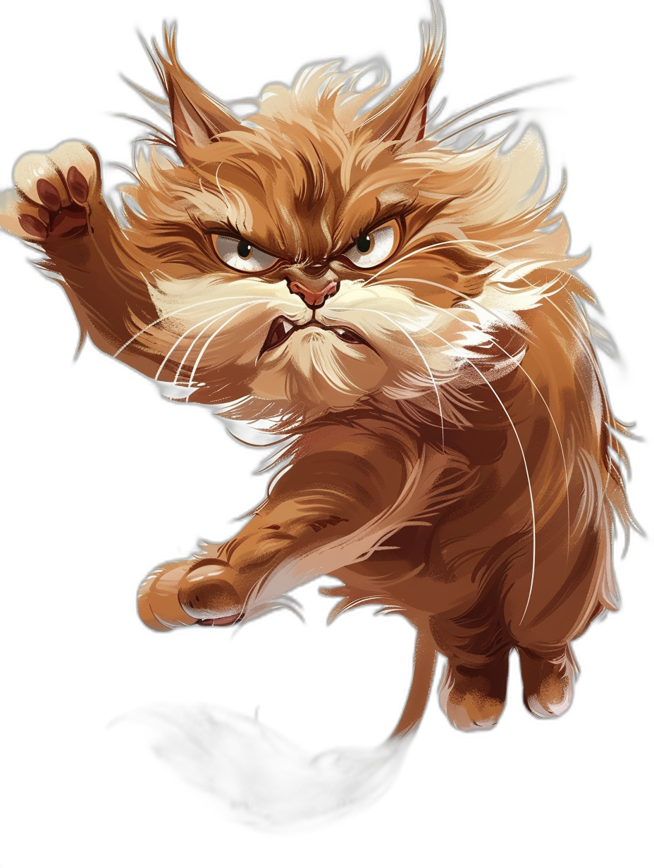 Illustration of an angry ginger cat in the style of Pokemon, jumping towards the camera, vector art, on a black background, in an anime cartoon style, high resolution, digital painting, concept art