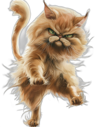 A persian cat with an angry expression leaping in the air in the hyper realistic vector art style in a full body shot against a black background using digital painting and drawing techniques in the style of [Artgerm](https://goo.gl/search?artist%20Artgerm) and mind-bending murals in high resolution.