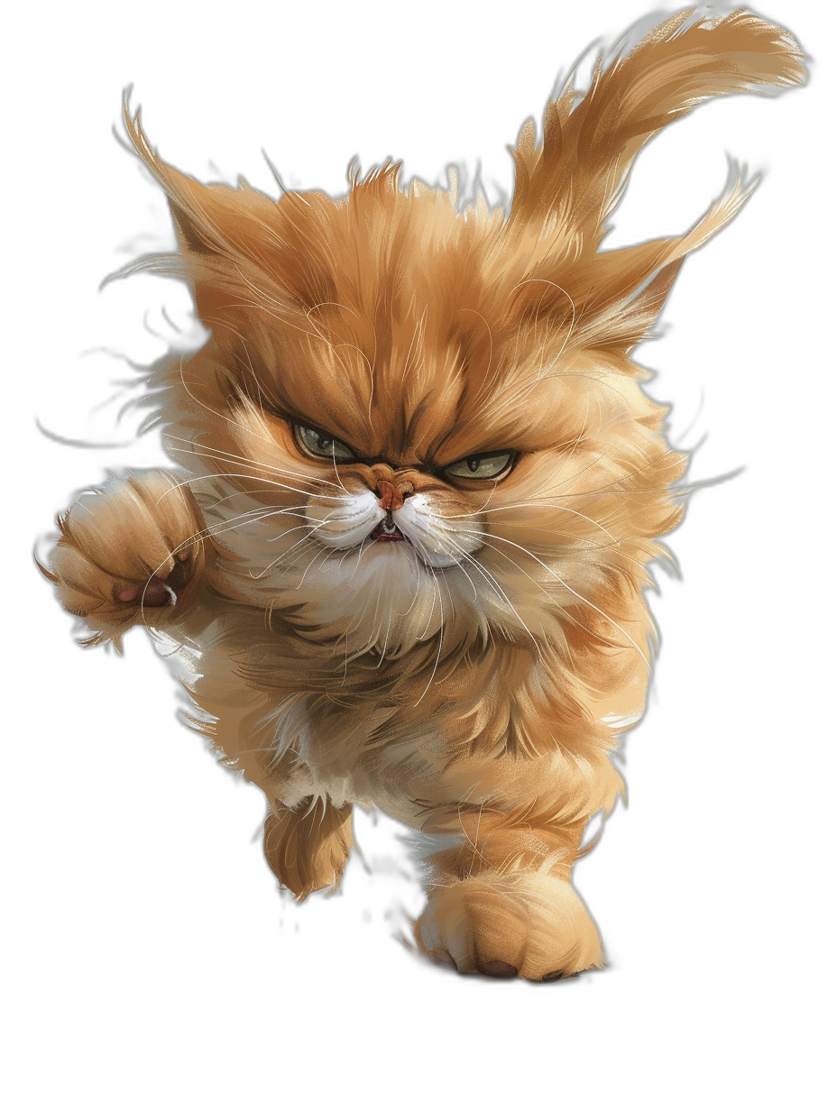 Illustration of an angry Persian cat running on a black background with detailed fur and in a dynamic pose in the style of [Greg Rutkowski](https://goo.gl/search?artist%20Greg%20Rutkowski) and [James Gurney](https://goo.gl/search?artist%20James%20Gurney). The art style has a fantasy element and the painting was created digitally.