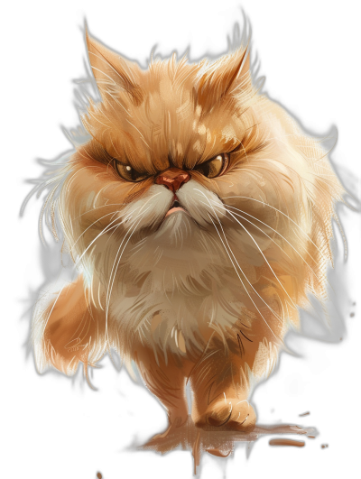 A cute Persian cat with an angry expression, messy hair and white beard, in the style of digital art, black background, full body portrait, fantasy illustration