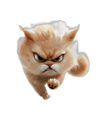 realistic cartoon illustration of an angry cat flying against a black background, digital art in the style of Disney and Pixar, character design