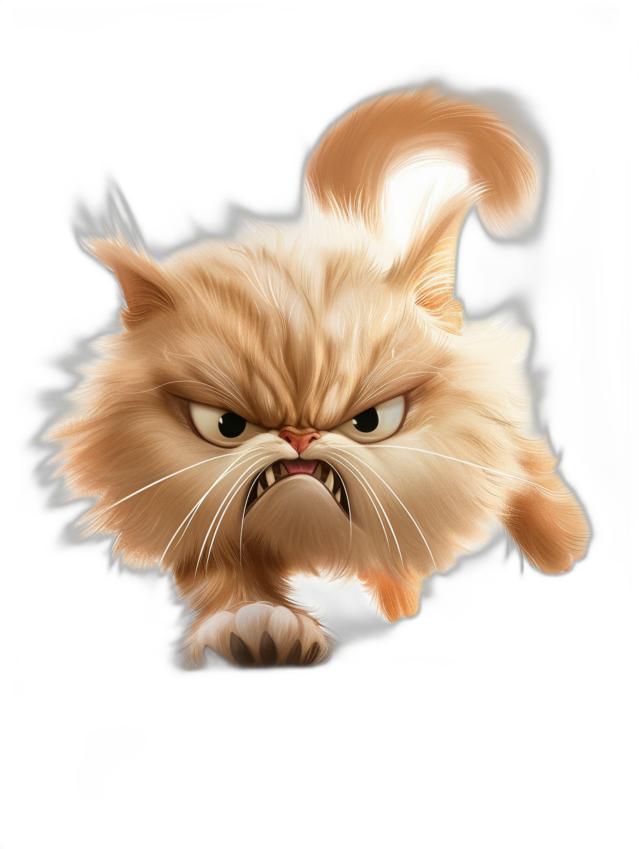 funny cartoon illustration of an angry cat on a black background, in the style of caricature.