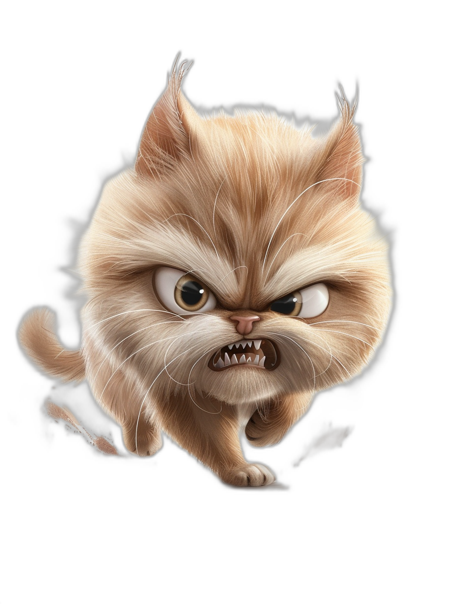 Character design of an angry cat in the style of Pixar, cute and funny, isolated on a black background, high resolution, high quality, high detail image. Extreme long shot with an extreme wide angle and extreme perspective, providing a wide view. Digital art.