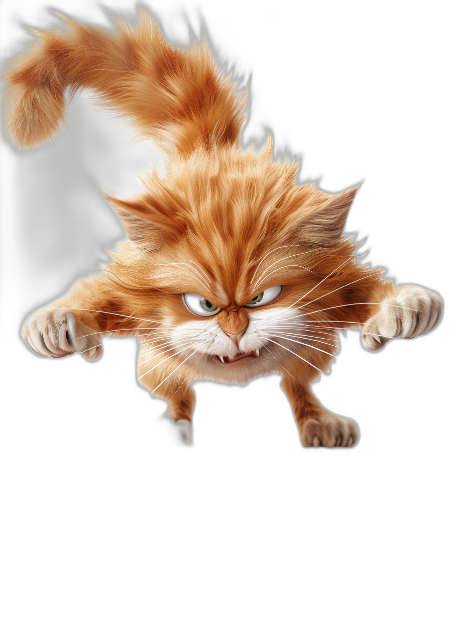 illustration of an angry ginger cat jumping in the air, full body, black background, high resolution, highly detailed