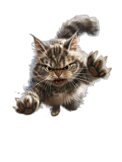 realistic digital illustration of an angry cat jumping towards the viewer, black background, full body view, cute and adorable