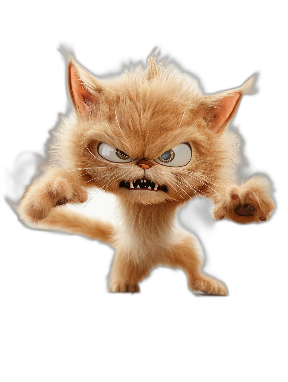 funny cartoon cat with sharp teeth, jumping on a black background, funny character design with an angry expression, cute fluffy fur, big eyes, full body, funny pose, funny facial features, in the style of Pixar, octane render, high resolution, high detail.