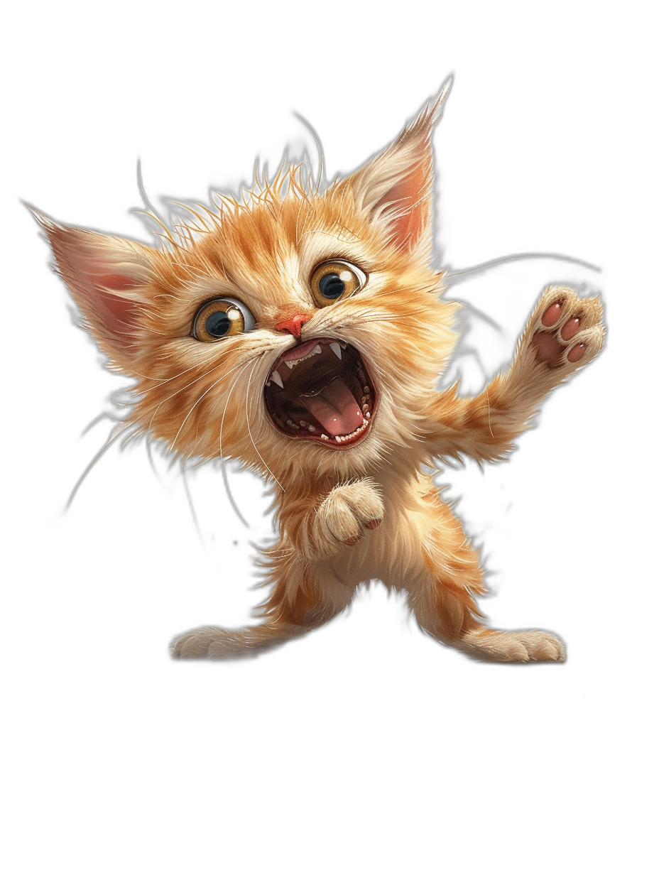 A cartoon illustration of an angry cute ginger kitten howling, isolated on a black background, in the style of [Tiago Hoisel](https://goo.gl/search?artist%20Tiago%20Hoisel) and in a caricature style, with a playful character design, showing the full body of a cute and adorable cat.