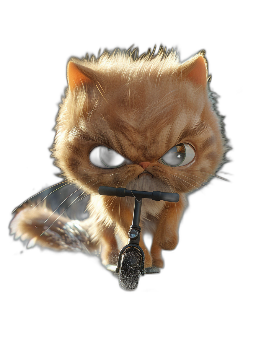 front view of a cute persian cat with big eyes riding a scooter, with an angry facial expression, in an action pose, in the style of Pixar, on a black background, at a high resolution, in a hyper realistic style