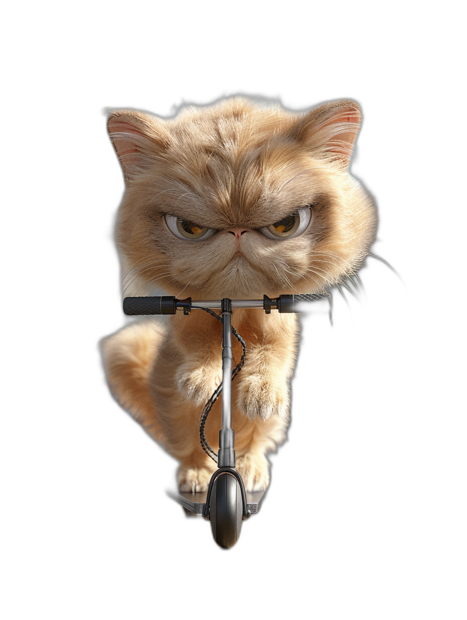 front view of an angry persian cat riding electric scooter, black background, high resolution photography, hyper realistic photo, ultra detailed