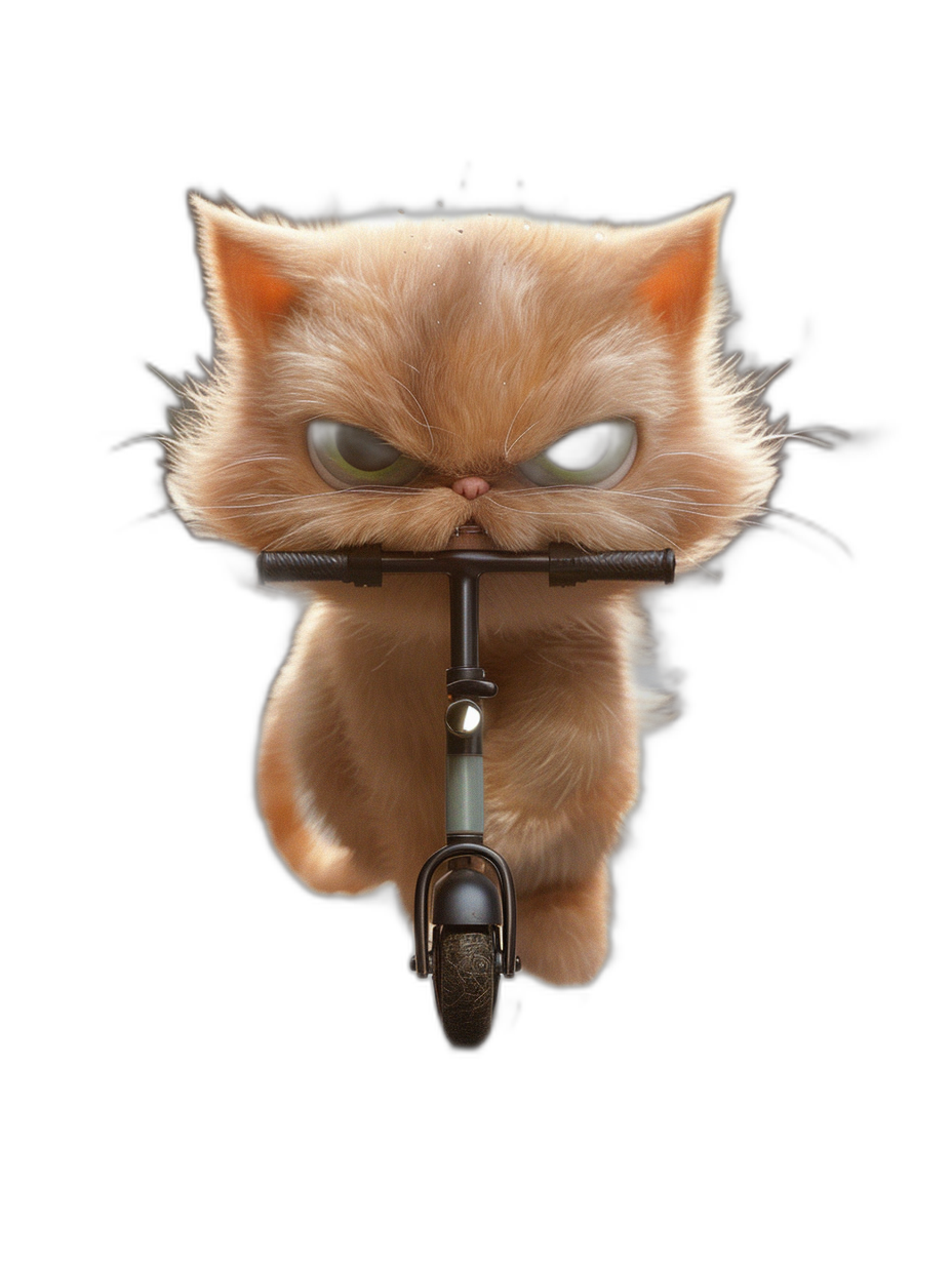 realistic cute light brown kitten riding scooter, angry face, black background, high resolution photography, insanely detailed, natural lighting, Pixar style