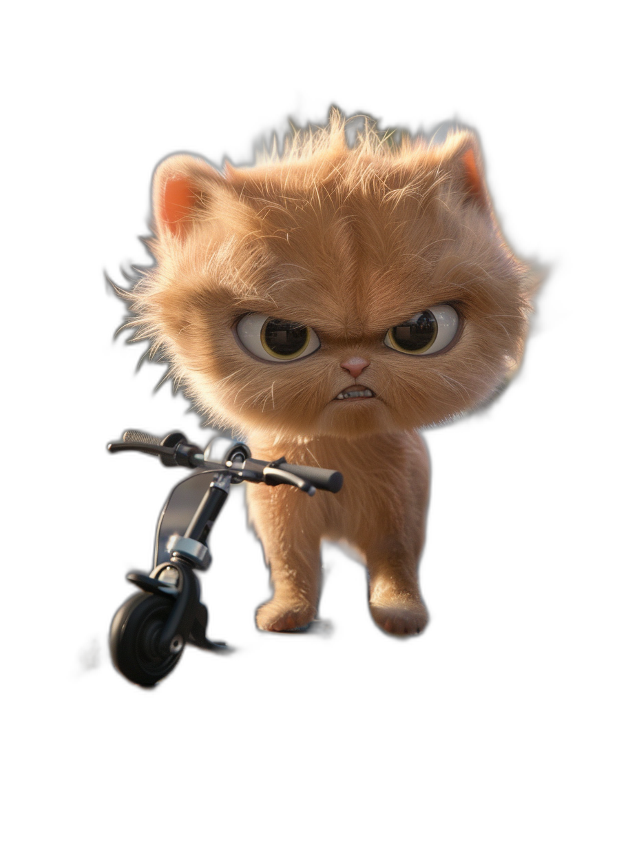 Persian cat brown color, black background, full body shot in the style of Pixar riding an electric scooter with an angry face expression. The scene is captured from the front of his head and shoulders in the style of Pixar-style cartoon animation.