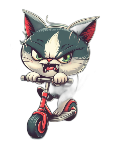 A cartoon illustration of an angry cat riding a scooter, with a black background, for a t-shirt design, in the style of an Asian artist.