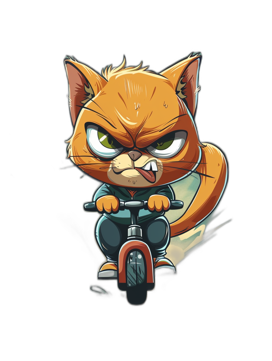 a cartoon chibi cute cat on bike, angry face expression, t-shirt design graphic, ultra detailed, isolated black background