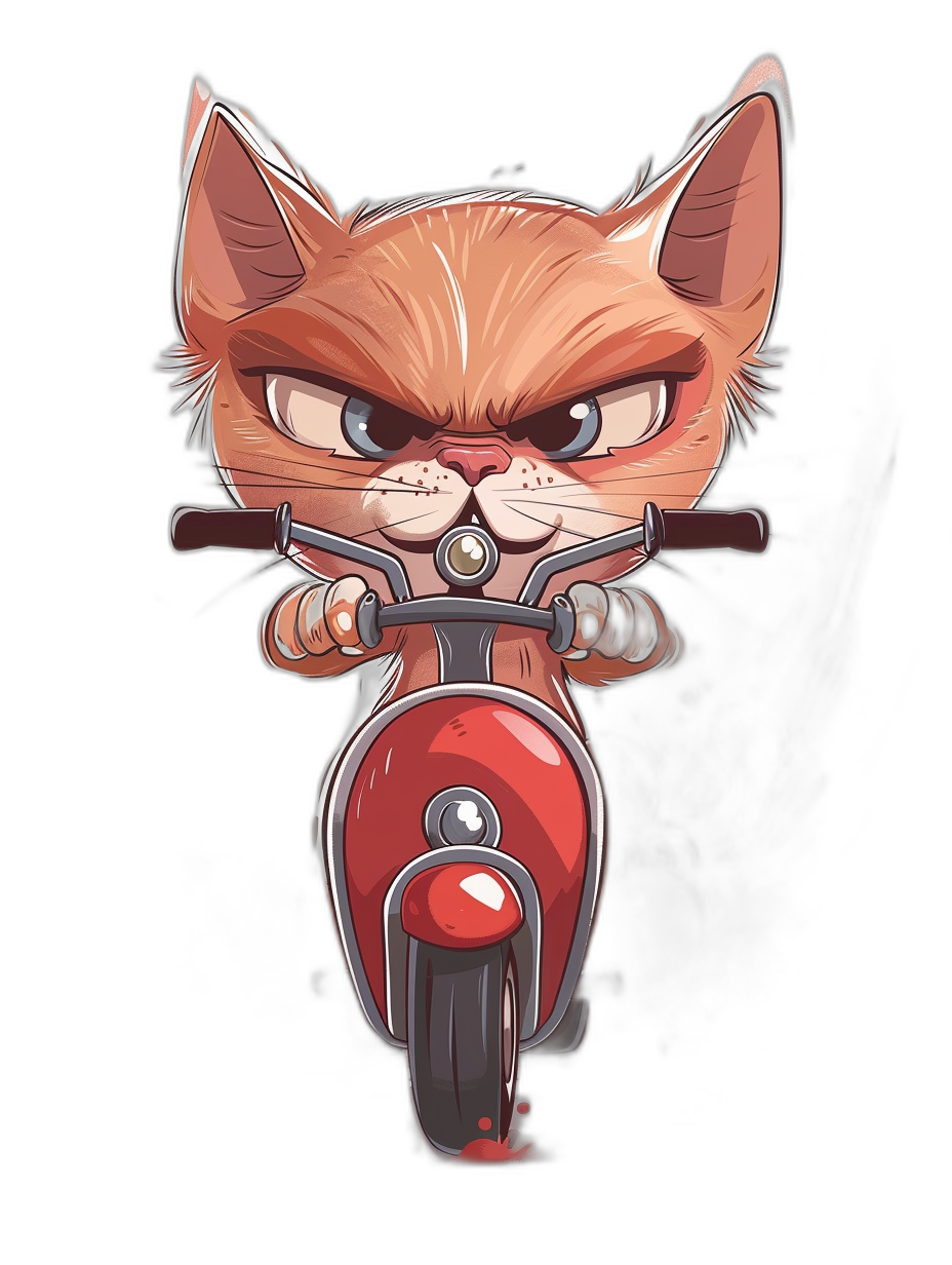 t-shirt design, cute chibi cat riding on red scooter with an angry expression and dark background, full body shot, detailed, sharp focus, high resolution