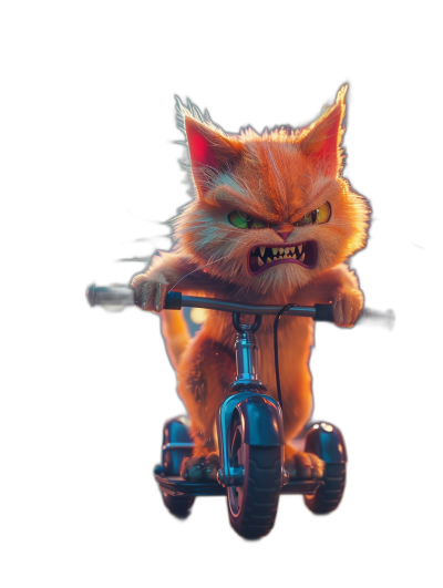 realistic cartoon of an angry orange cat riding on a tricycle against a black background, with detailed character design in the style of Pixar and Disney and dreamworks, rendered with octane