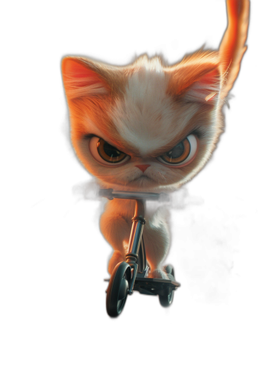 Cute cat riding scooter with an angry expression, in the style of Pixar, on a black background, with a cartoon character design, that is cute and fluffy, in high definition.