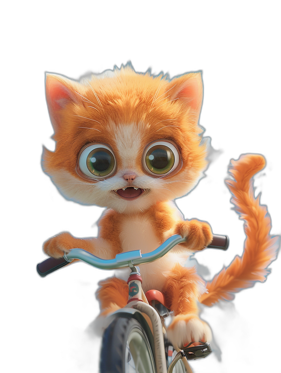 Cute orange cat riding a bicycle, with big eyes, on a black background, in the style of Pixar, with 3D rendering, in the style of a cartoon character design, in high definition, cute and fluffy, for a cute pet wallpaper