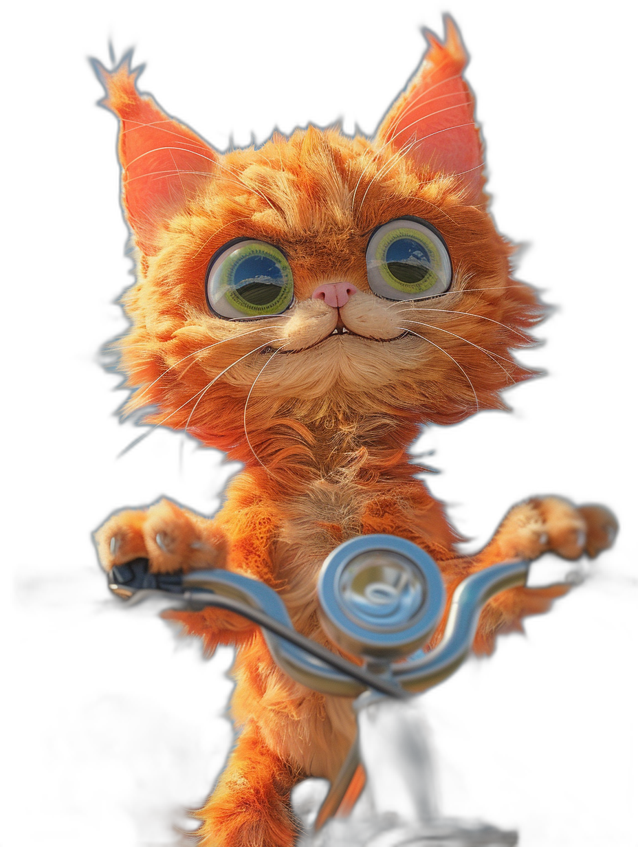 A cute orange cat with big eyes, sitting on the handlebar of an electric bike, 3D render style, in the style of Pixar, black background, front view, full body shot, happy expression, fluffy fur.