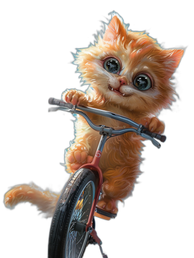 Cute orange cat riding bicycle, big eyes, black background, high definition photography, in the style of hyper-realistic