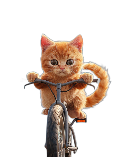 Cute orange cat riding on the front wheel of a bicycle, in the style of cartoon, pure black background, cute pet wallpaper, in the style of Pixar animation, cute pet photography, animal poster