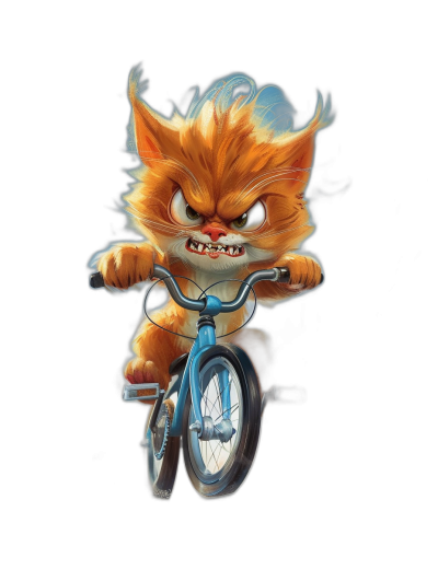 A cute orange cat riding on the front of a bicycle, with an angry expression, on a pure black background, in the cartoon style of 2D game art and Disney animation, as a digital illustration with fantasy elements, at a high resolution, with a cute character design of white fur and blue eyes, and smoke coming out from behind its head.