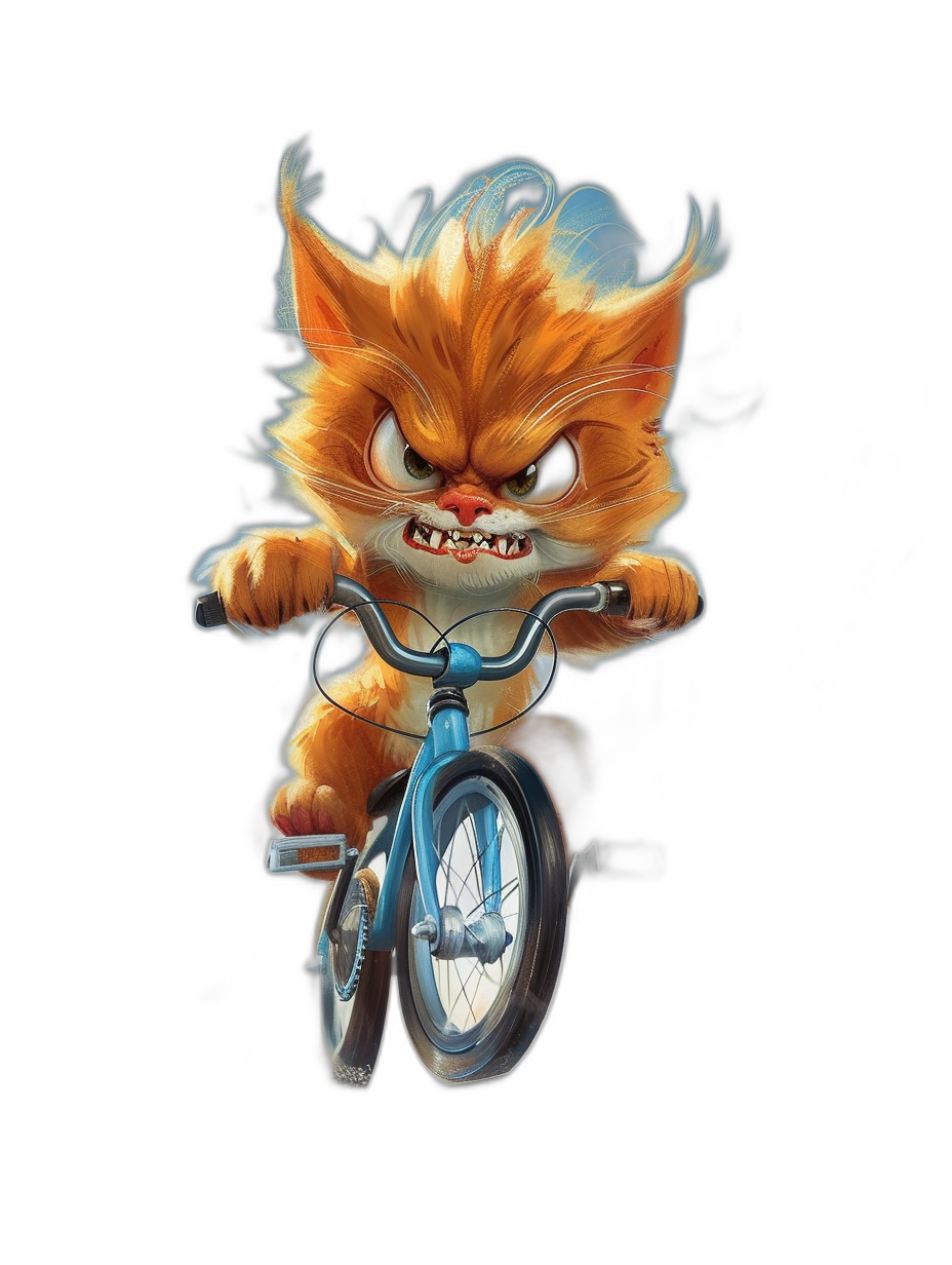 A cute orange cat riding on the front of a bicycle, with an angry expression, on a pure black background, in the cartoon style of 2D game art and Disney animation, as a digital illustration with fantasy elements, at a high resolution, with a cute character design of white fur and blue eyes, and smoke coming out from behind its head.