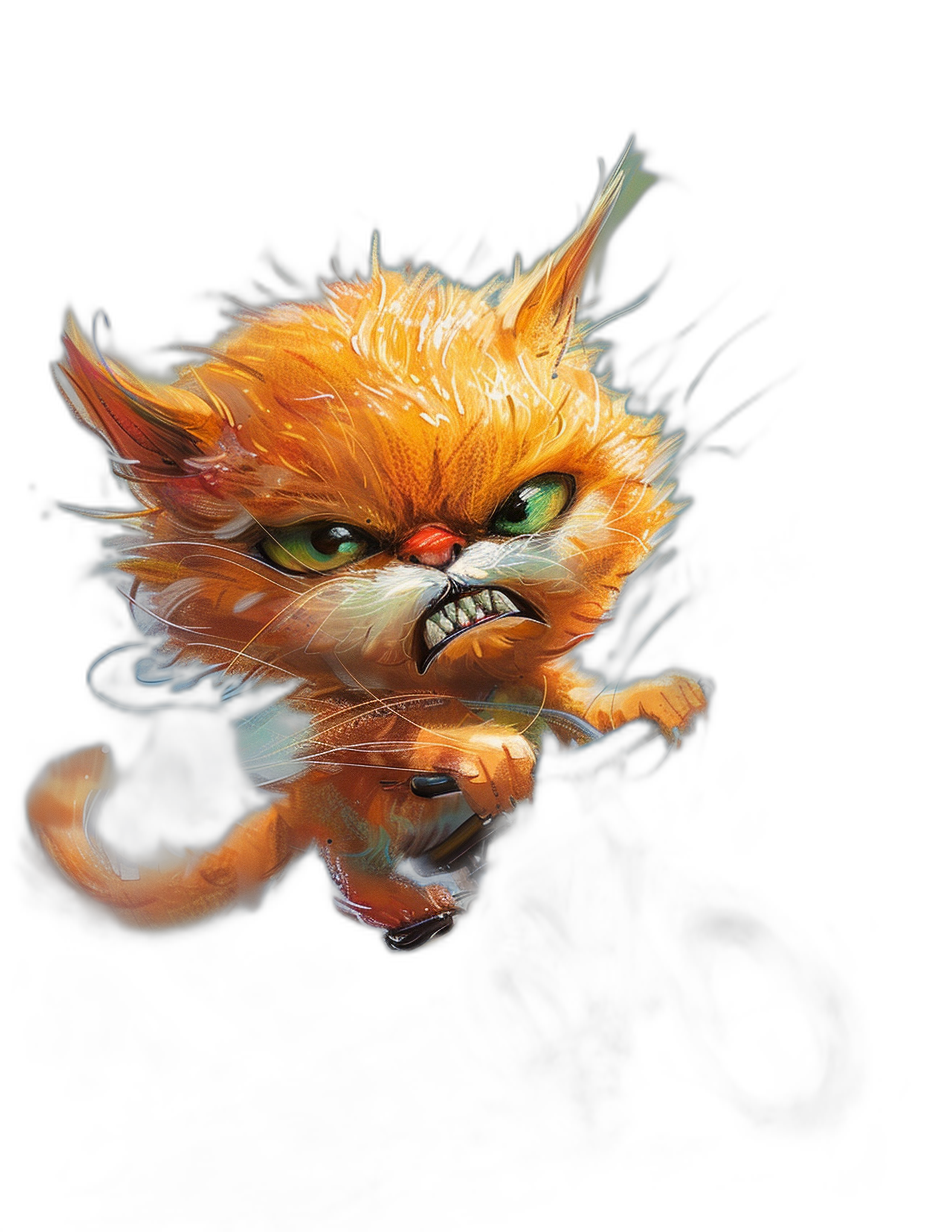 Character design of an angry orange cat against a dark background, in the style of [Skottie Young](https://goo.gl/search?artist%20Skottie%20Young). Cinematic lighting and high resolution in the hyper realistic style of [Jim Lee](https://goo.gl/search?artist%20Jim%20Lee) and Pixar.