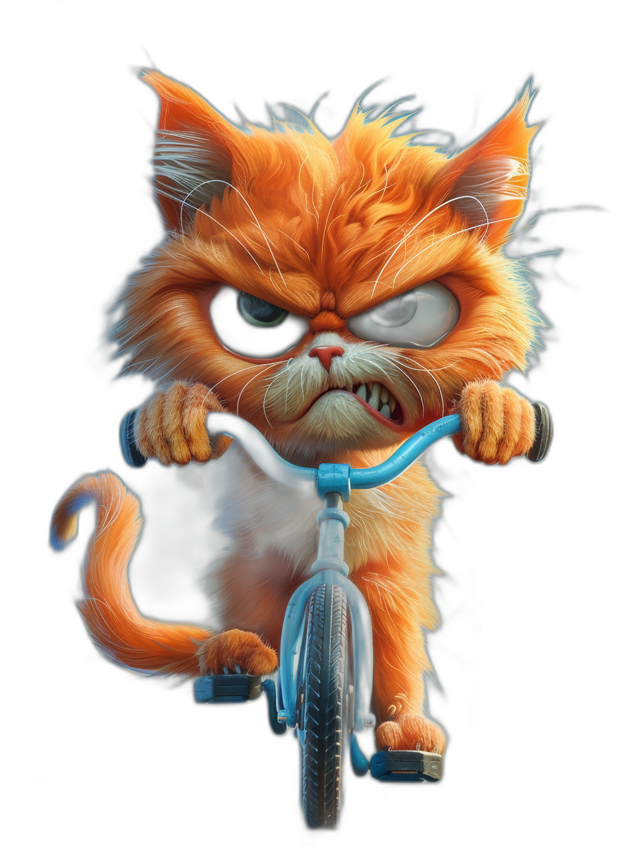 grumpy orange cat with an angry face riding on a blue bicycle in the style of cartoon, digital art style, black background, in the style of Pixar, digital art