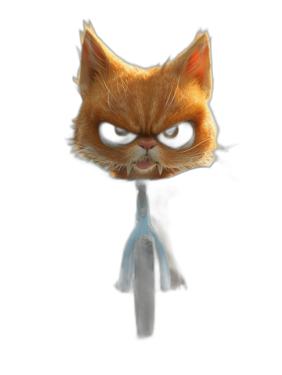 front view of a cute angry cat on a blue bike, black background, in the style of Pixar, cartoon character portrait, digital artwork