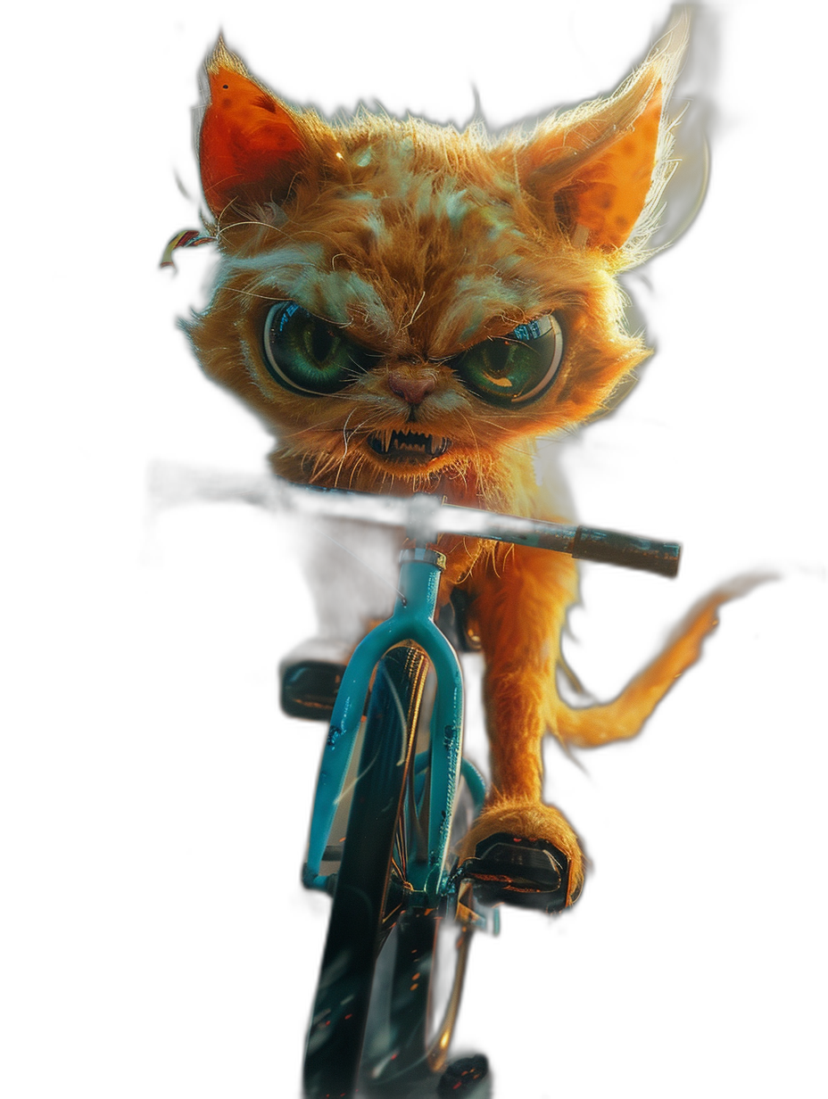 Cute orange cat with green eyes riding on a bicycle, in a cartoon style, digital art in the style of Pixar, Disney and DreamWorks animation studios, on a black background, of a cute little monster character design, with fluffy fur, a cute big smile, a playful expression, with detailed rendering of the bike frame, vibrant colors, soft lighting, a fantasy illustration, at a high resolution, with high detail.