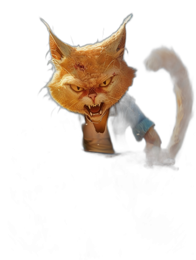 An orange cat with horns and fangs wearing a white shirt is jumping out of the dark, with an angry face, in a digital art style, isolated on a black background, in the style of [Brian Michael Bendis](https://goo.gl/search?artist%20Brian%20Michael%20Bendis), in a full body shot.