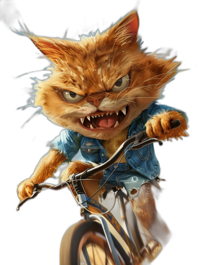 A ginger cat with sharp teeth wearing a denim shirt, riding on a bike with an angry face in the style of caricature cartoon art in the style of Pixar, on a dark background, with high resolution.