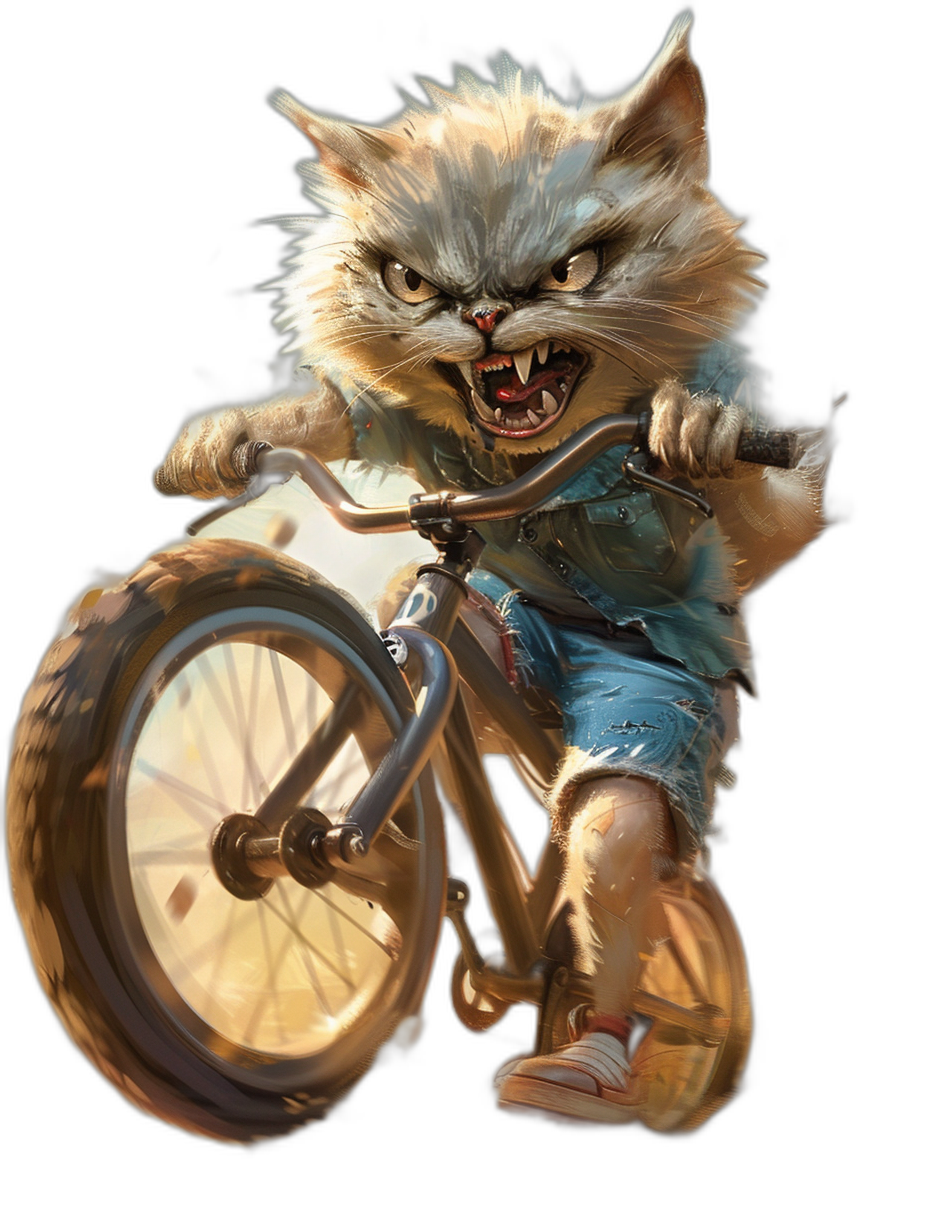 realistic digital art of an angry cat riding on top of a bicycle, wearing blue shorts and white shoes, with an isolated black background, in the style of a front view portrait, in the style of a full body shot