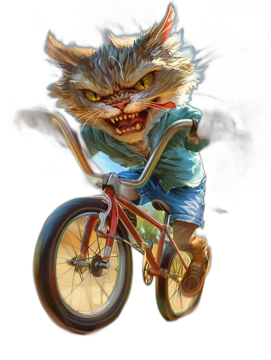 realistic digital art of an angry cat riding on top the handlebar and in front wheel, wearing blue shorts and shirt with yellow eyes, black background, full body shot, riding bmx bike,