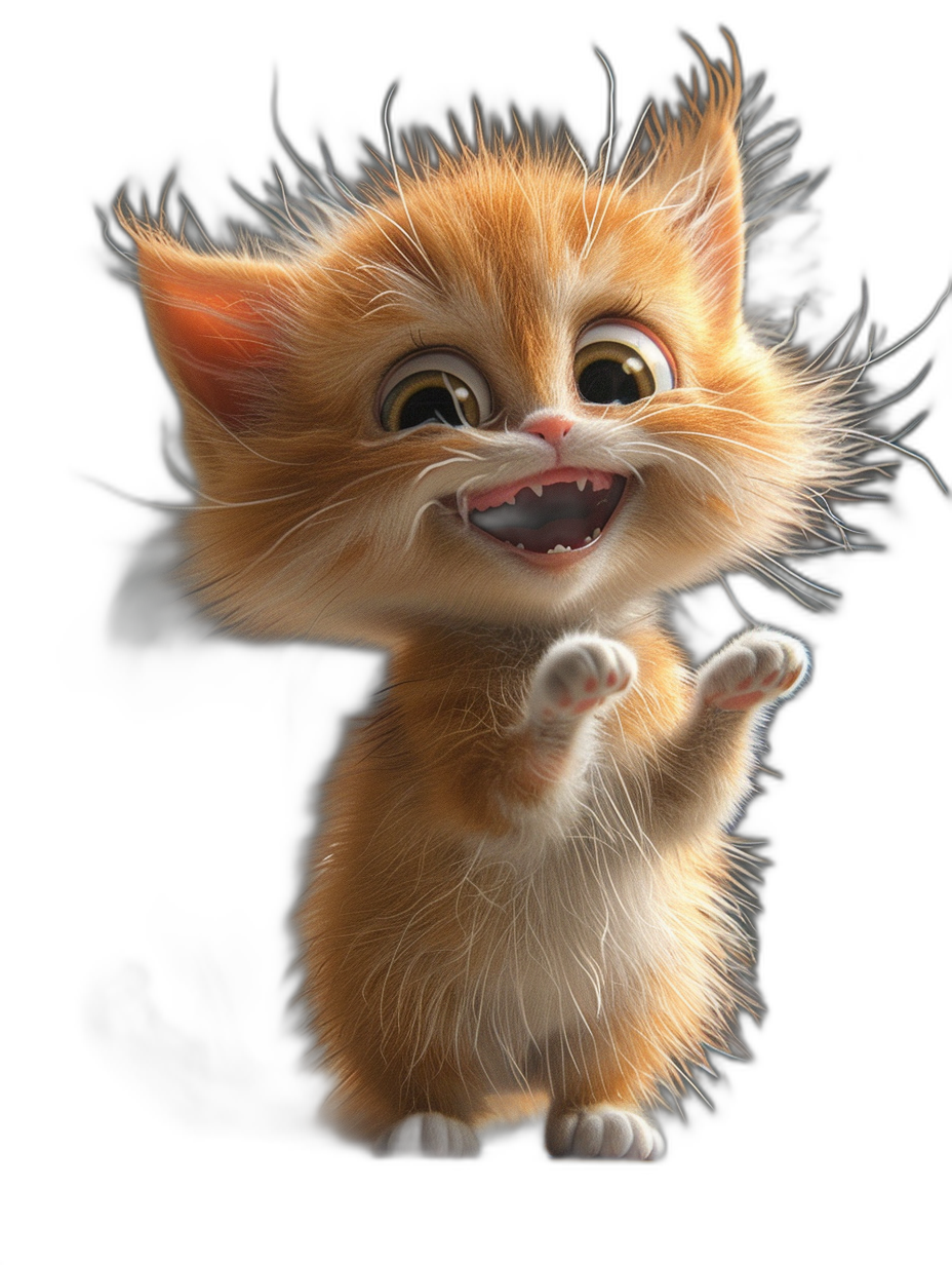 3D render of a happy, smiling, cute ginger kitten with fluffy hair, big eyes, and an open mouth showing its tongue, waving its paws on a black background, in the style of Pixar.