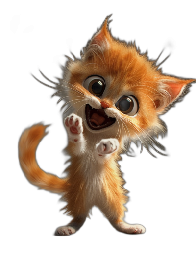 A cute orange cat is jumping and laughing, with big eyes and a black background, in the style of 3D Pixar. The kitten has long hair on its head, white paws raised in the air, and a fluffy tail. The kitten is wearing .