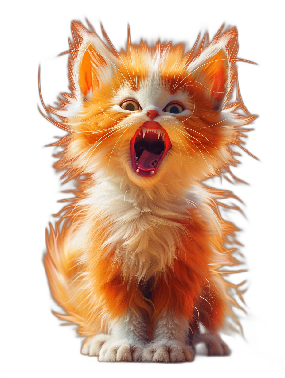 digital art of cute kitten , very long hair cover all body, meowing with open mouth and tongue out , red white light on face black background , painting style