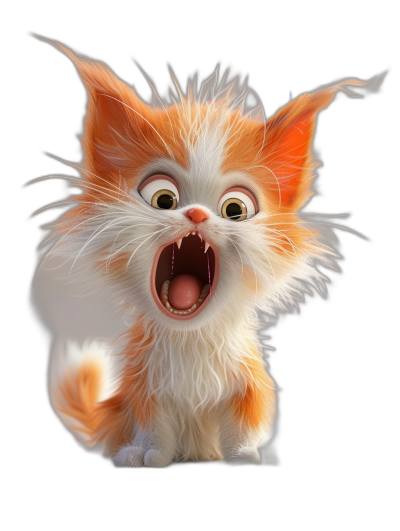 3D render of an orange and white kitten screaming against a black background, in the style of Pixar.