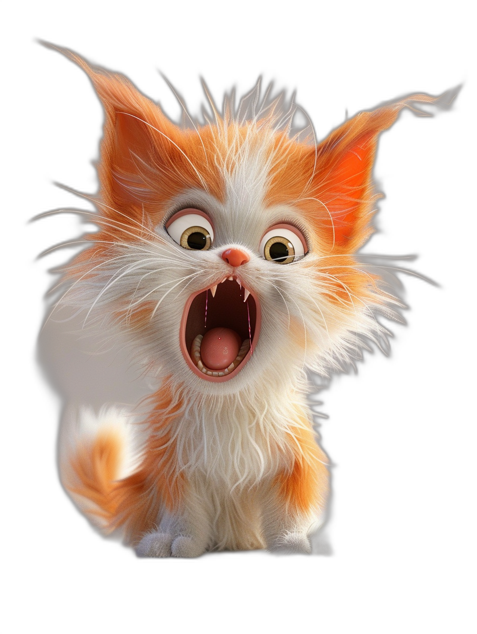 3D render of an orange and white kitten screaming against a black background, in the style of Pixar.