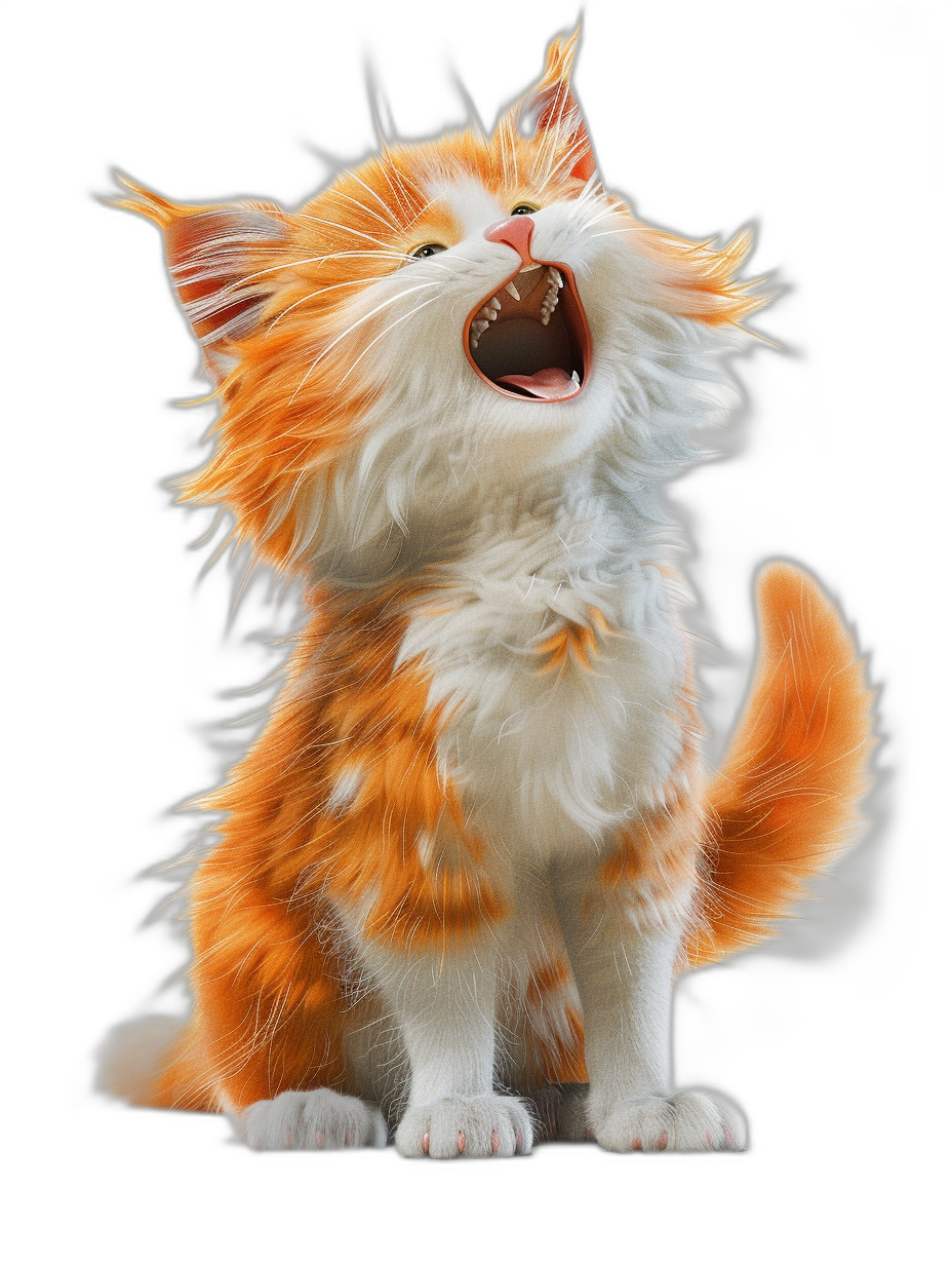 A cute orange and white cat is roaring against a full black background in the style of Disney. The 3D rendered cat has fluffy hair and high definition details.